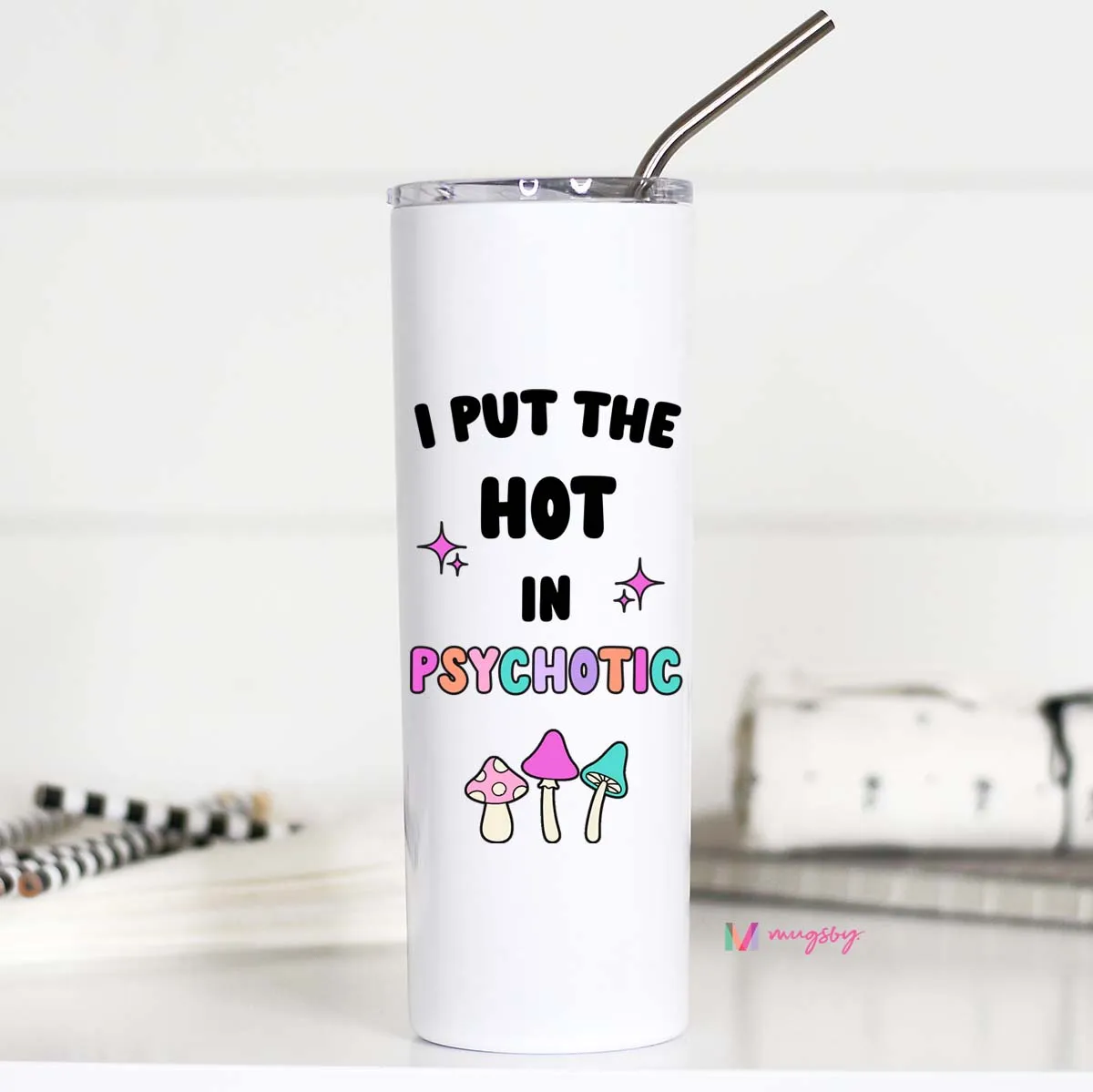 Mugsby Hot Psychotic tumbler 591 ml metalsugerør