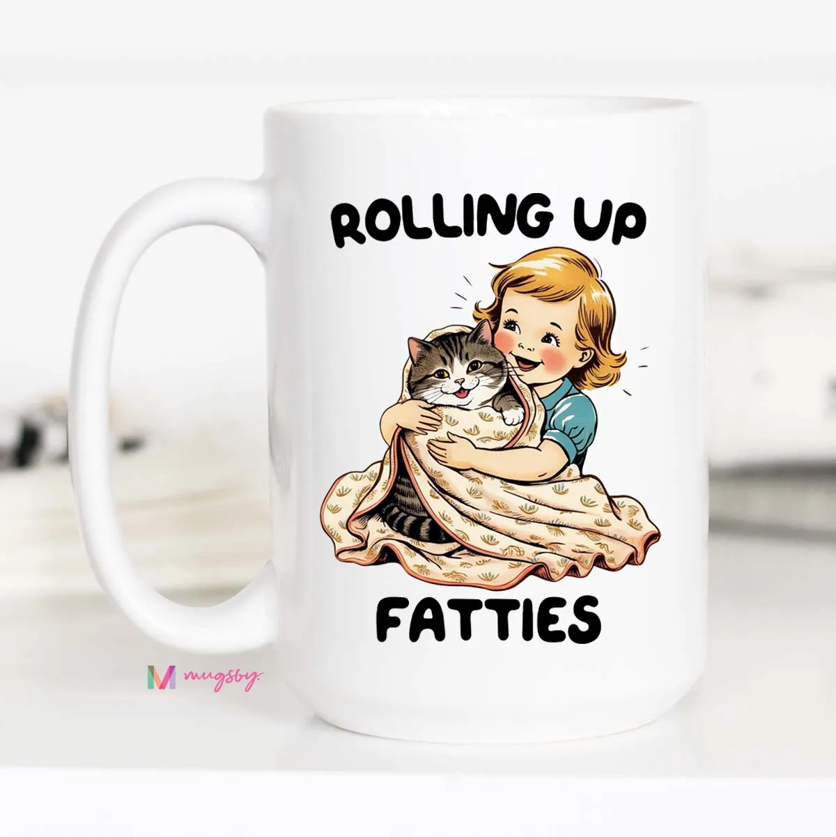 Mugsby Rolling Up Fatties kattekop 11 oz hvid keramik