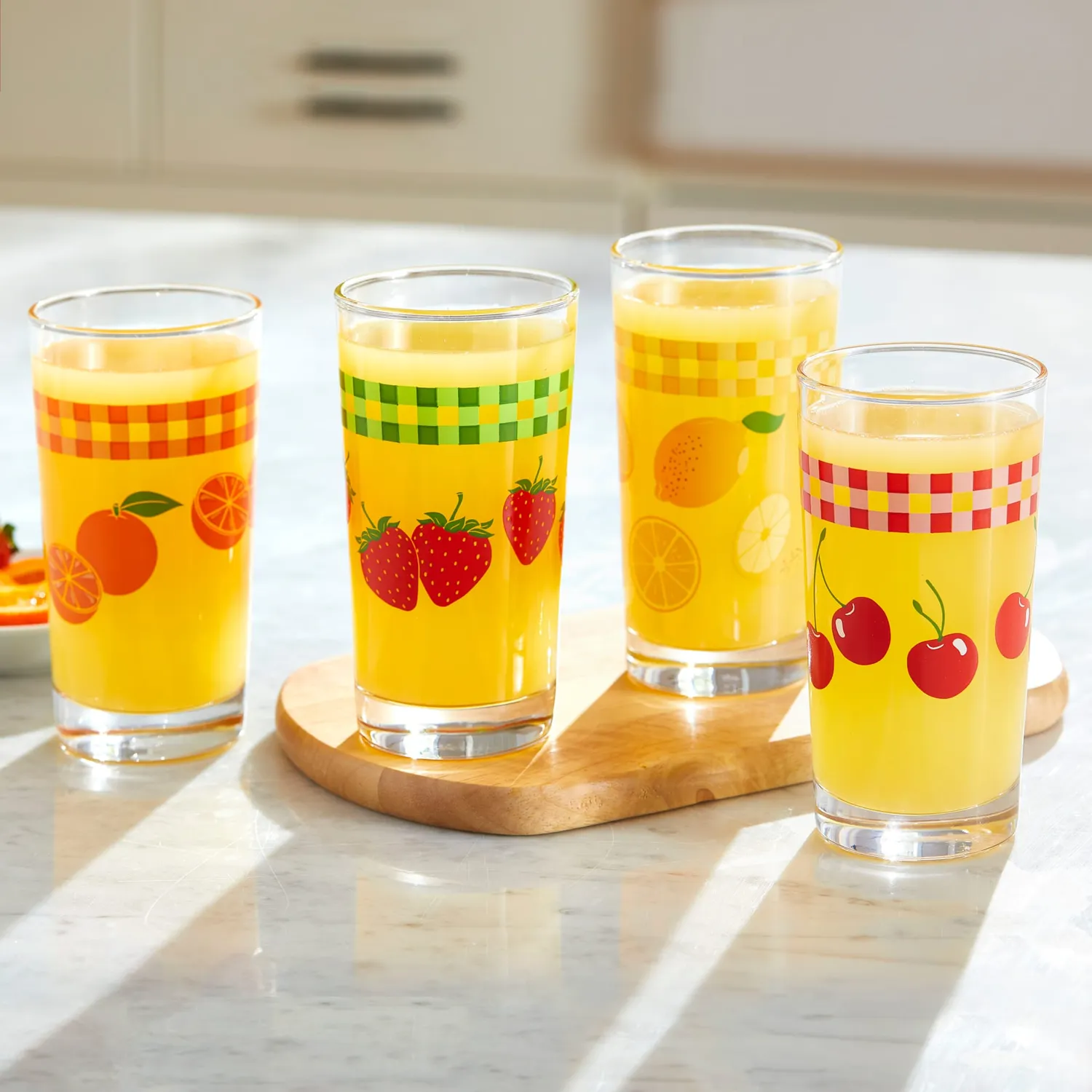 Libbey Vintage juiceglas 325 ml sæt med 4 frugtmotiv