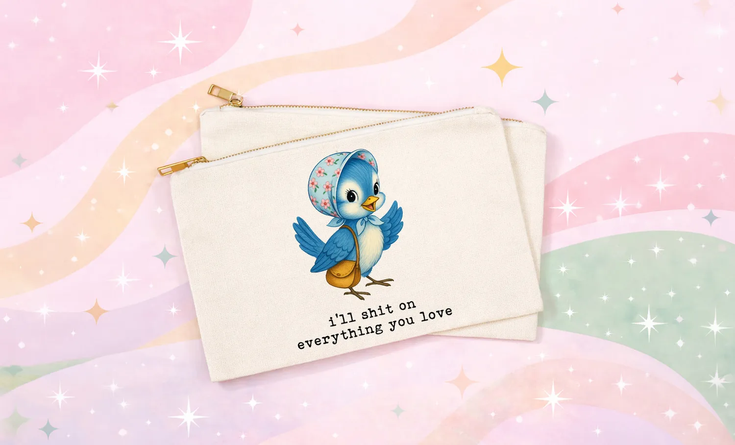 Mugsby Funny Bird makeup taske lærred blå fugl