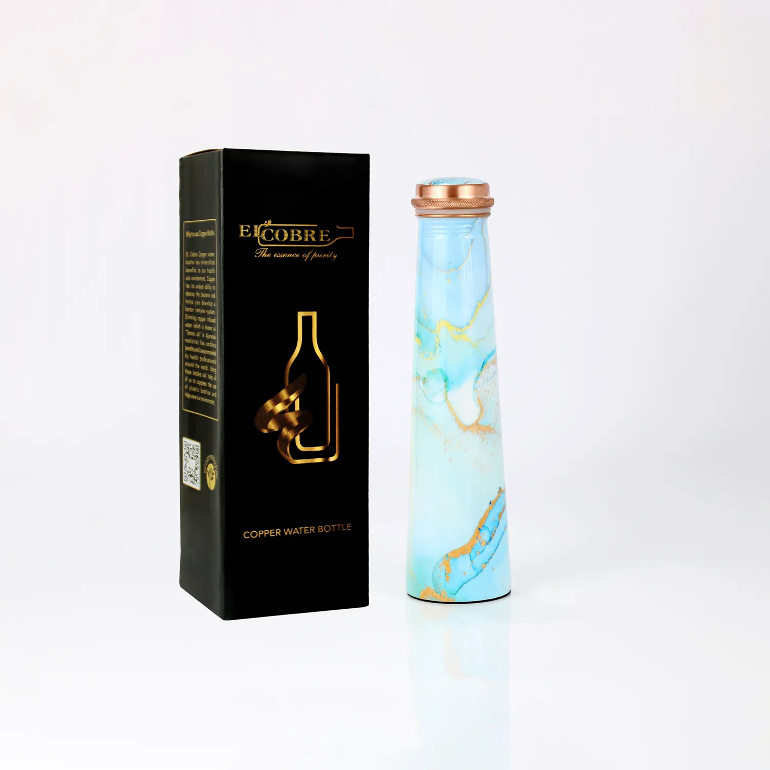 El'Cobre Tower kobberflaske 850 ml blue marble ayurveda