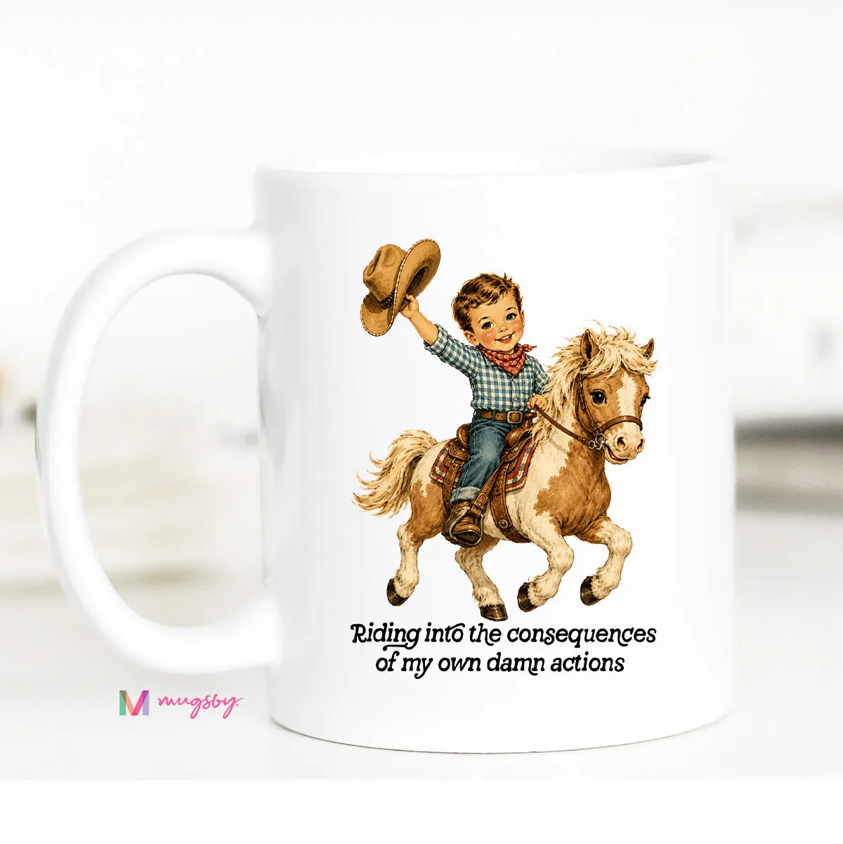 Mugsby Riding Into the Consequences krus hvid 325 ml sjov