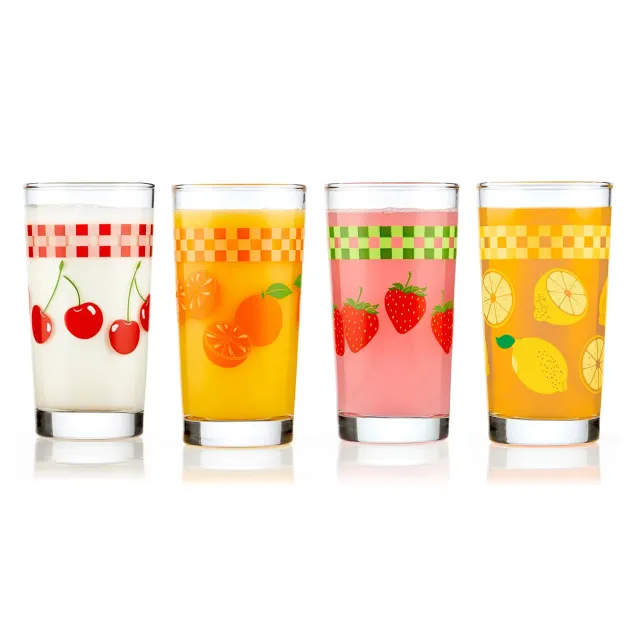 Libbey Vintage juiceglas 325 ml sæt med 4 frugtmotiv
