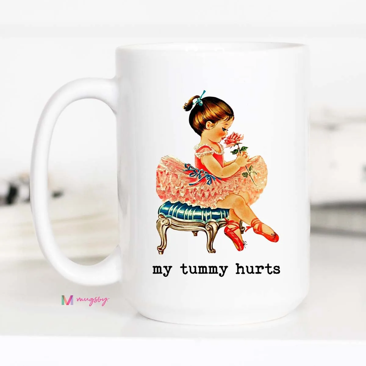 Mugsby Tummy Hurts kop hvid 325 ml keramik vintage