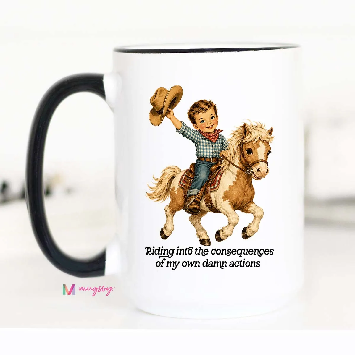Mugsby Riding Into the Consequences krus hvid 325 ml sjov