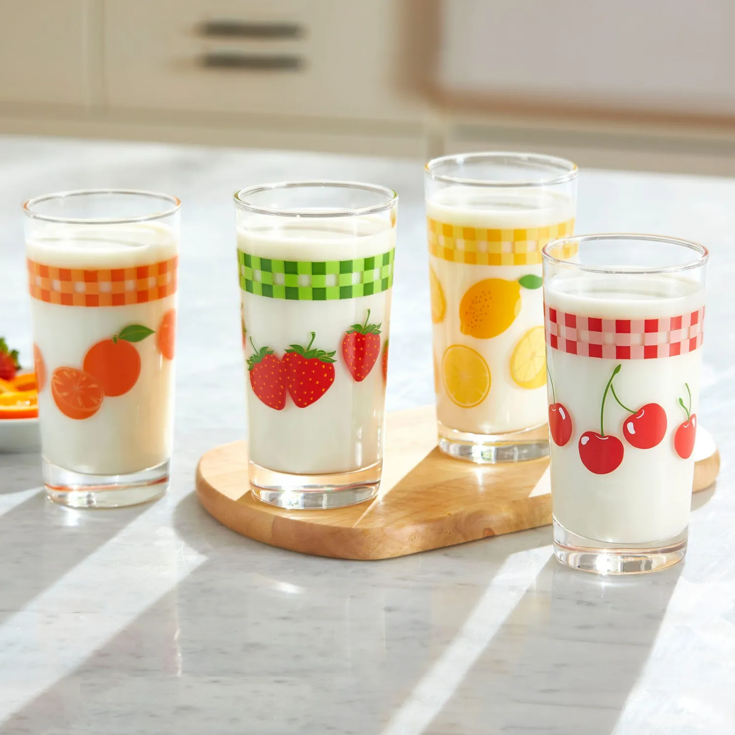 Libbey Vintage juiceglas 325 ml sæt med 4 frugtmotiv