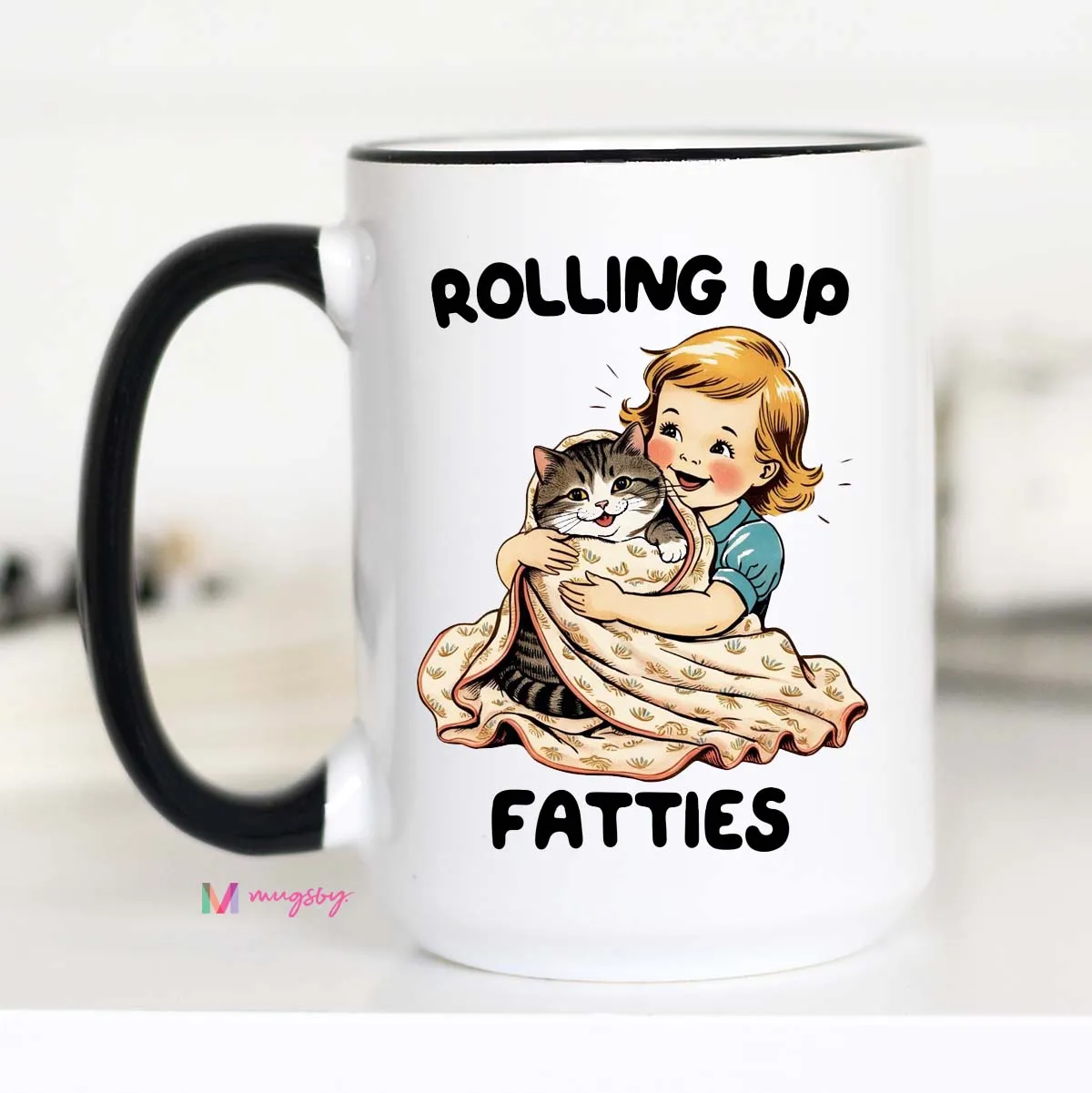 Mugsby Rolling Up Fatties kattekop 11 oz hvid keramik