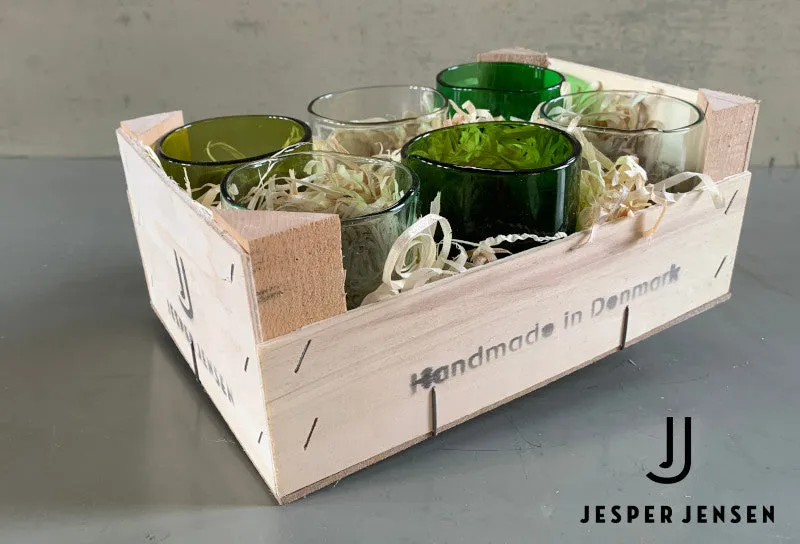 Jesper Jensen trækasse 6 korte glas genbrugsglas