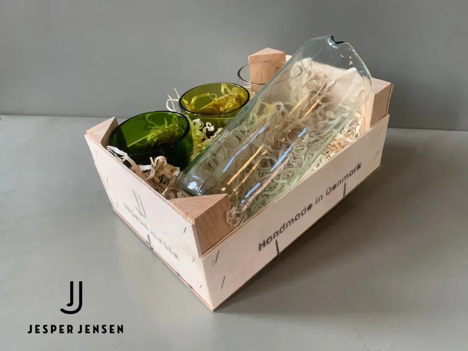 Jesper Jensen Wooden Crate kande + 3 glas lyseblå