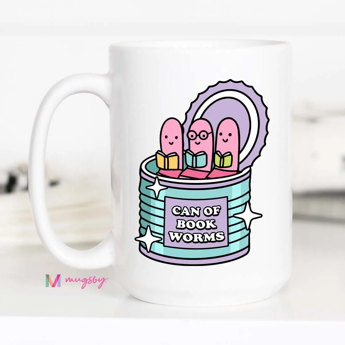 Mugsby Can of Book Worms krus 325 ml hvid sjov