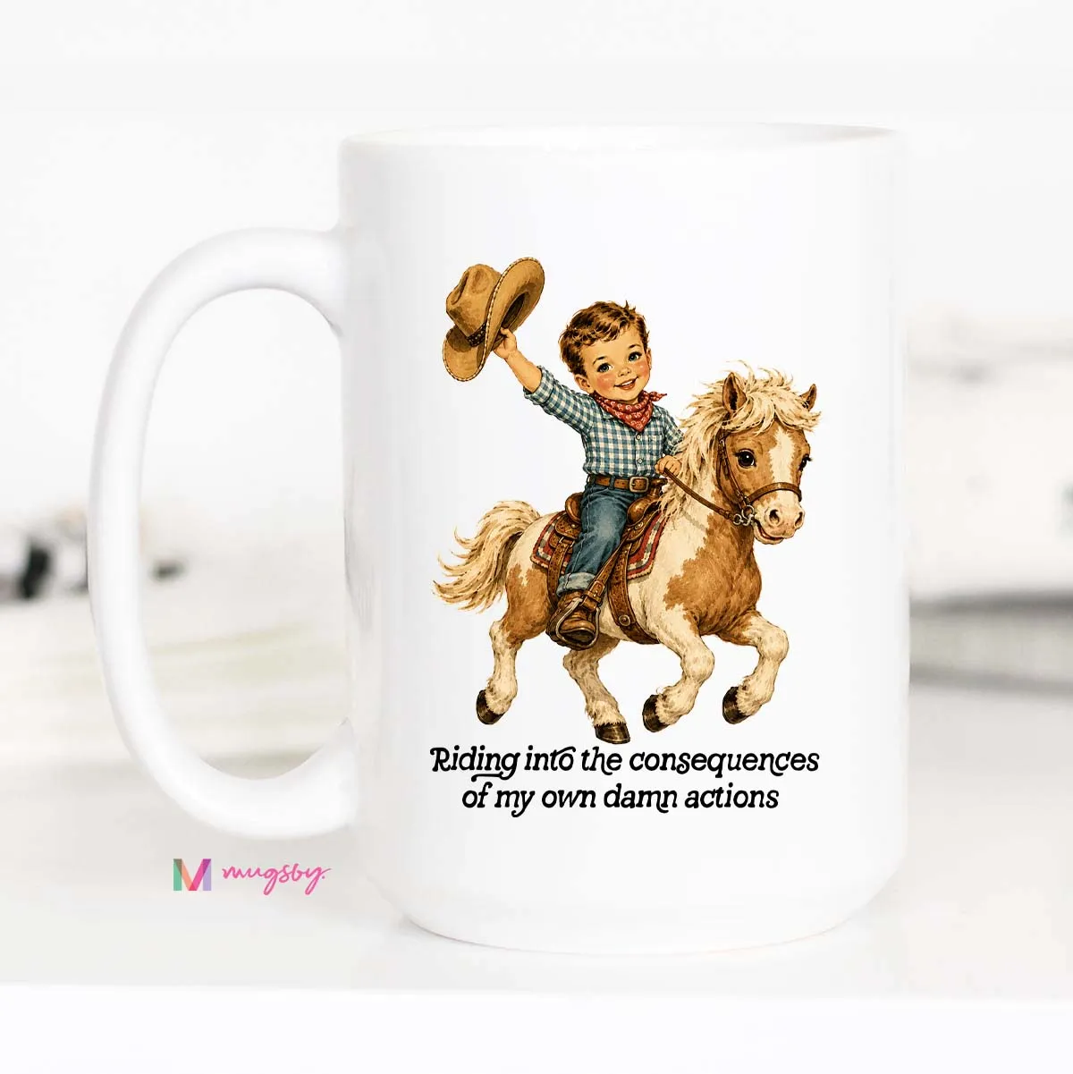 Mugsby Riding Into the Consequences krus hvid 325 ml sjov