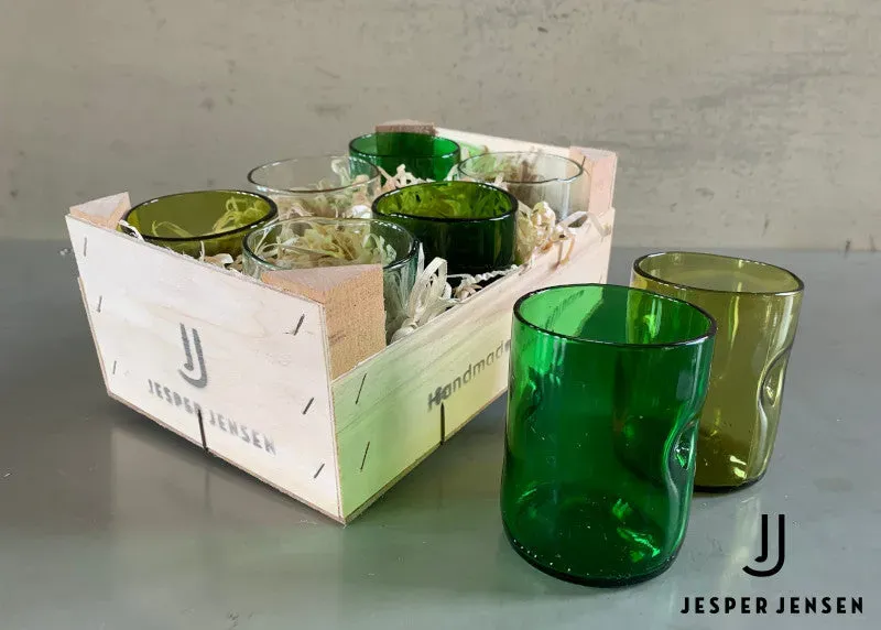 Jesper Jensen trækasse 6 korte glas genbrugsglas